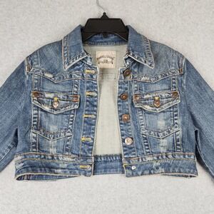 Angel Jeans Denim Jacket Women's S Blue Cropped Distressed Medium Wash Stretch